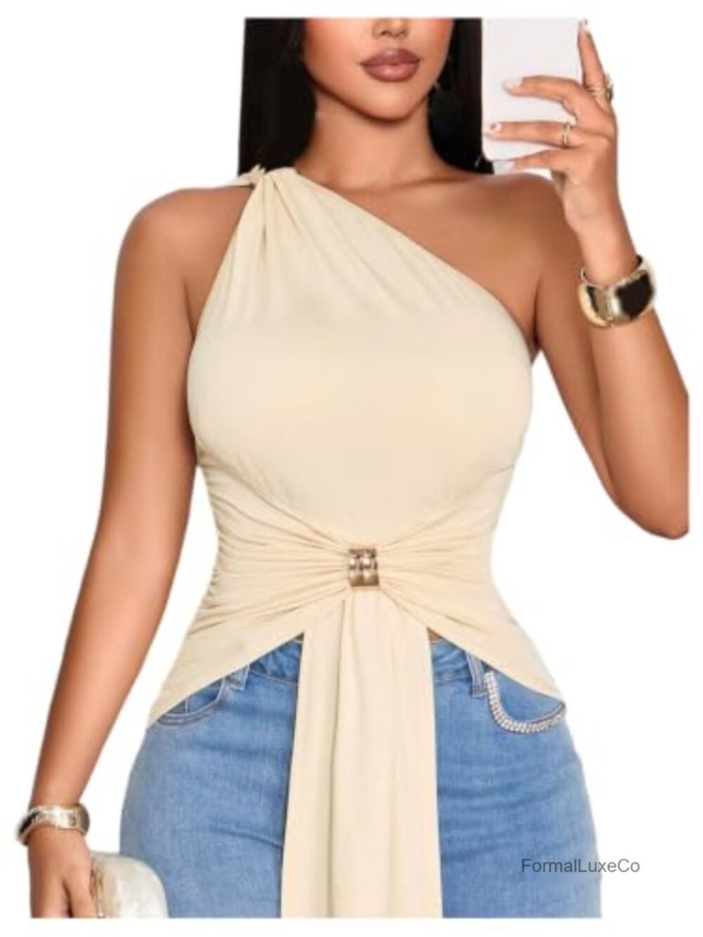 Women's One Shoulder Ruched Top Sleeveless Asymmetrical Blouse